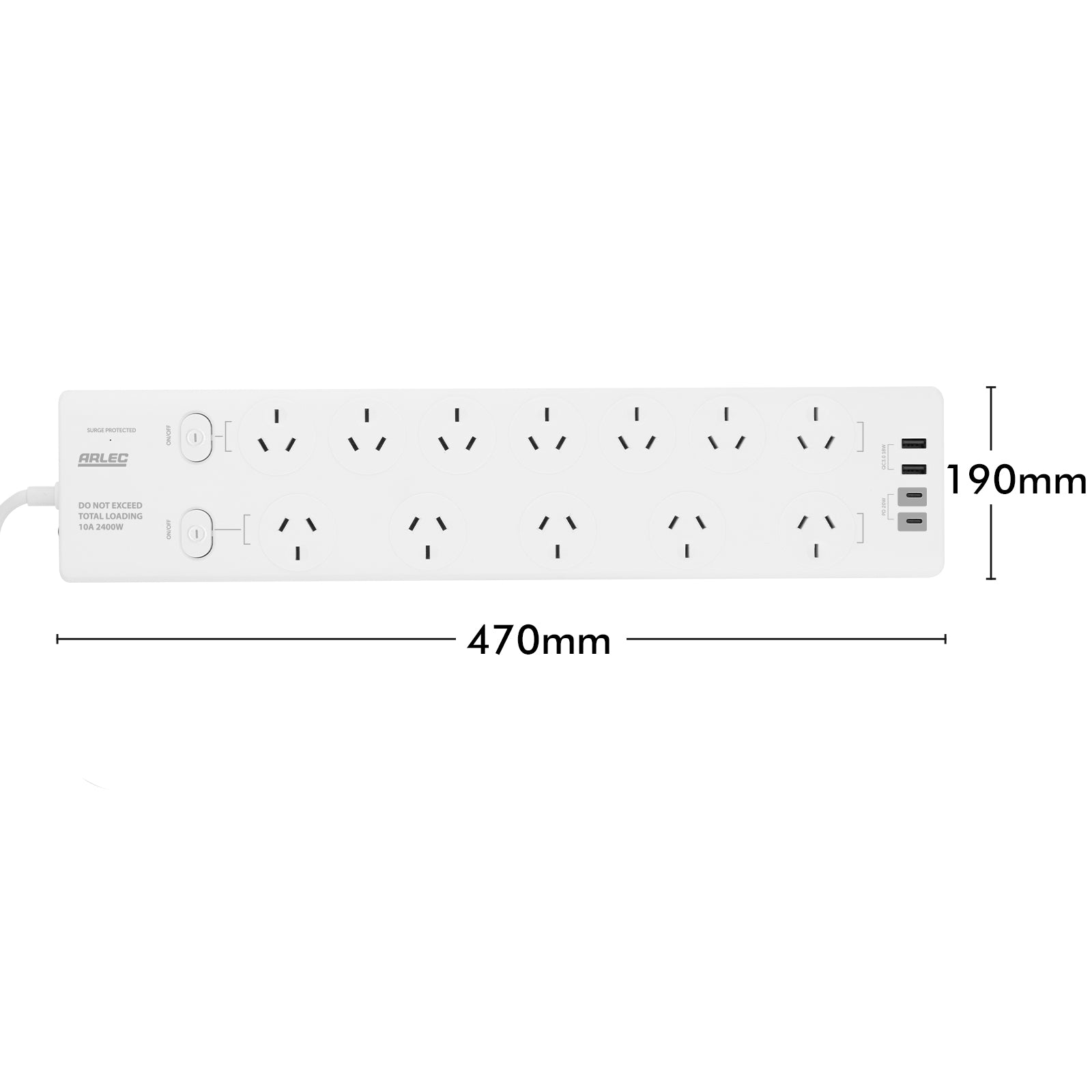 Arlec 12 Outlet Surge Protected Powerboard With PD20W Rapid Charging USB 2xA And 2xC - PD20W powerboard, USB charging strip, surge protected 12 socket board