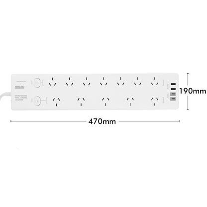 Arlec 12 Outlet Surge Protected Powerboard With PD20W Rapid Charging USB 2xA And 2xC - PD20W powerboard, USB charging strip, surge protected 12 socket board