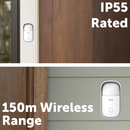 Arlec 150m White Wireless Dual Plug-in Door Chime with Kinetic Push Button – wireless door chime, smart doorbell chime, plug-in doorbell