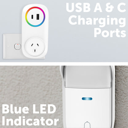 Arlec 150m White Wireless Plug-in Door Chime with Kinetic Push Button – wireless door chime, smart doorbell chime, plug-in doorbell