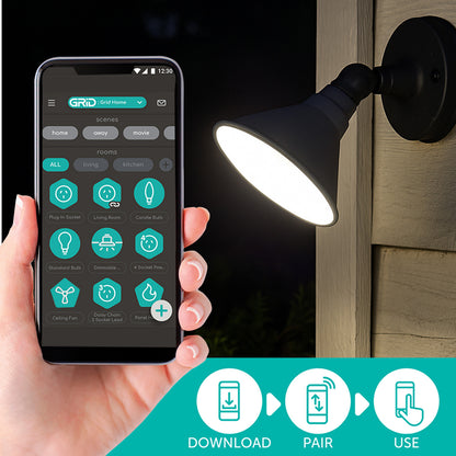 Smart PAR38 LED globe with RGB + CCT, IP44 rated, Grid Connect app, Google and Alexa compatible