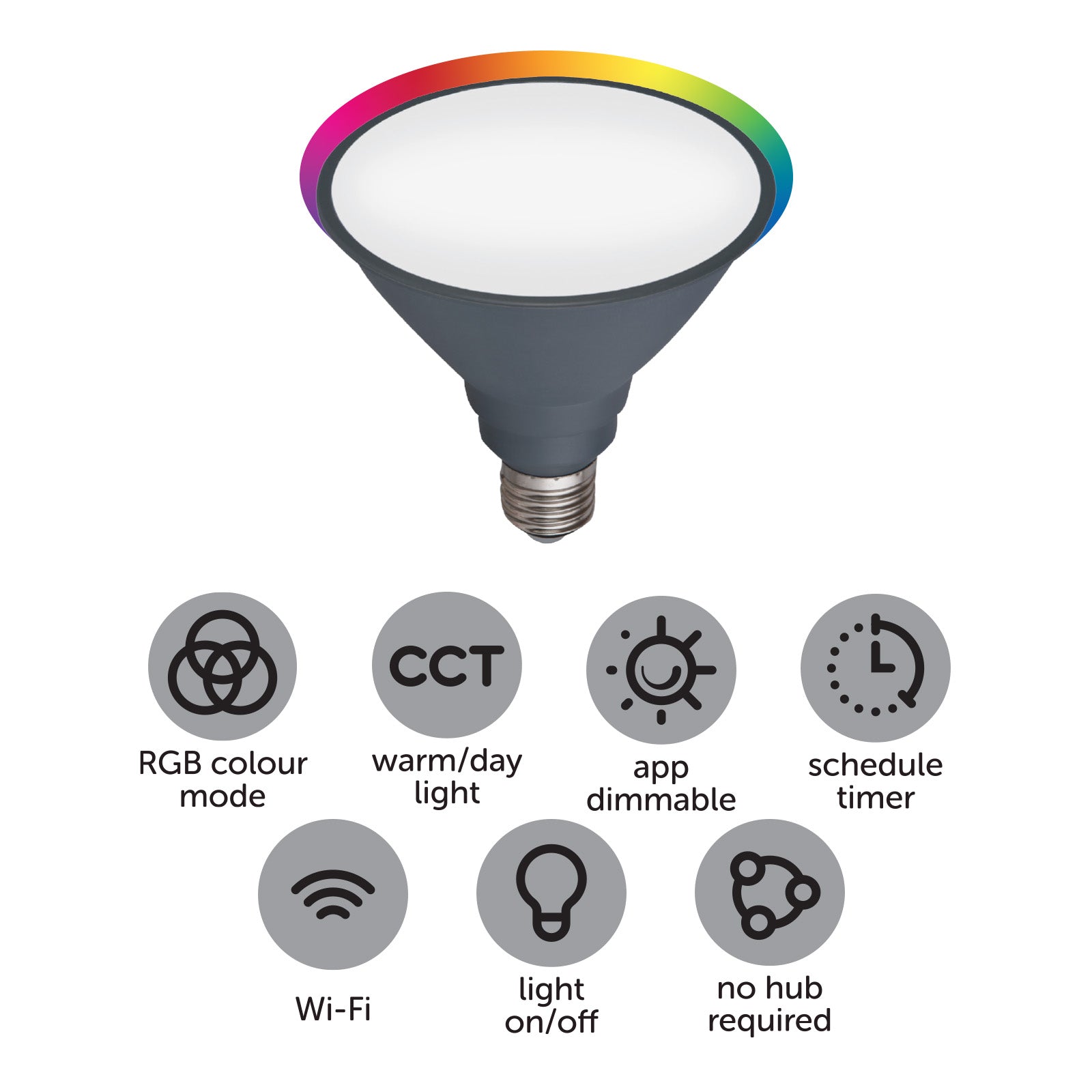 Smart PAR38 LED globe with RGB + CCT, IP44 rated, Grid Connect app, Google and Alexa compatible