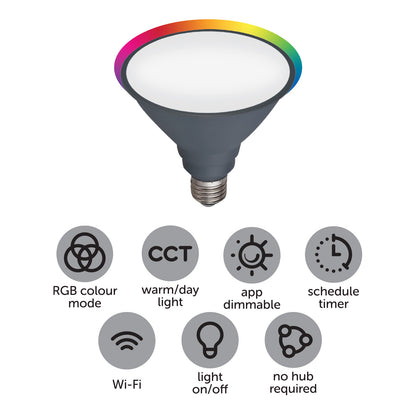 Smart PAR38 LED globe with RGB + CCT, IP44 rated, Grid Connect app, Google and Alexa compatible