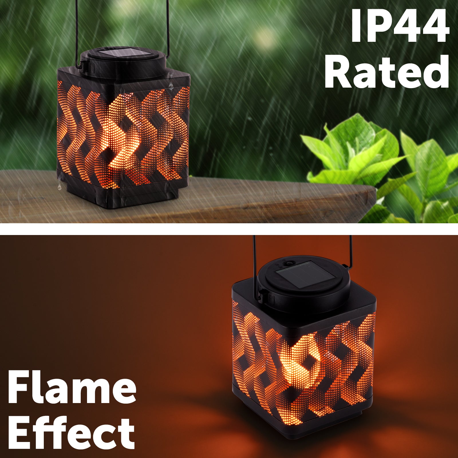 Arlec 15cm LED diagonal flame effect solar lantern – decorative outdoor garden light with dusk sensor and IP44 weatherproof rating