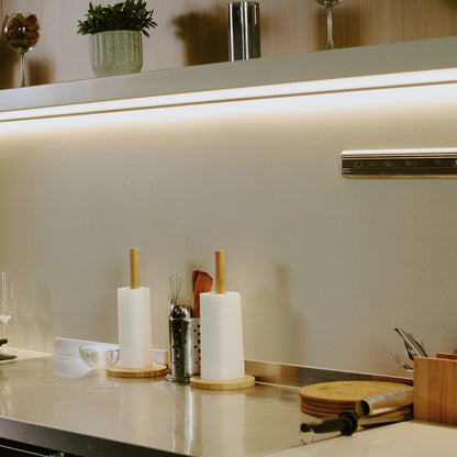 Arlec corner LED strip light, warm white tri-colour accent lighting, DIY 1m strip for cabinets