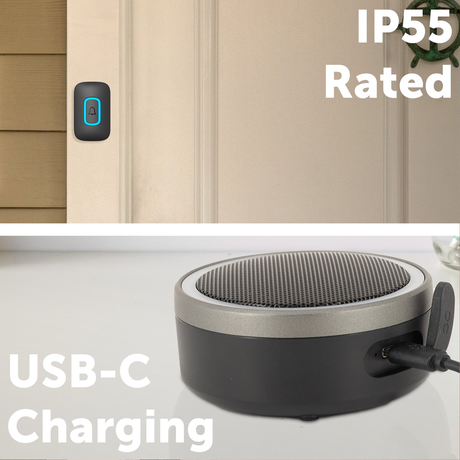 Arlec 200m Rechargeable Wireless Door Chime With Speaker and RGB LED Indicator - Black – wireless door chime, smart doorbell chime, plug-in doorbell