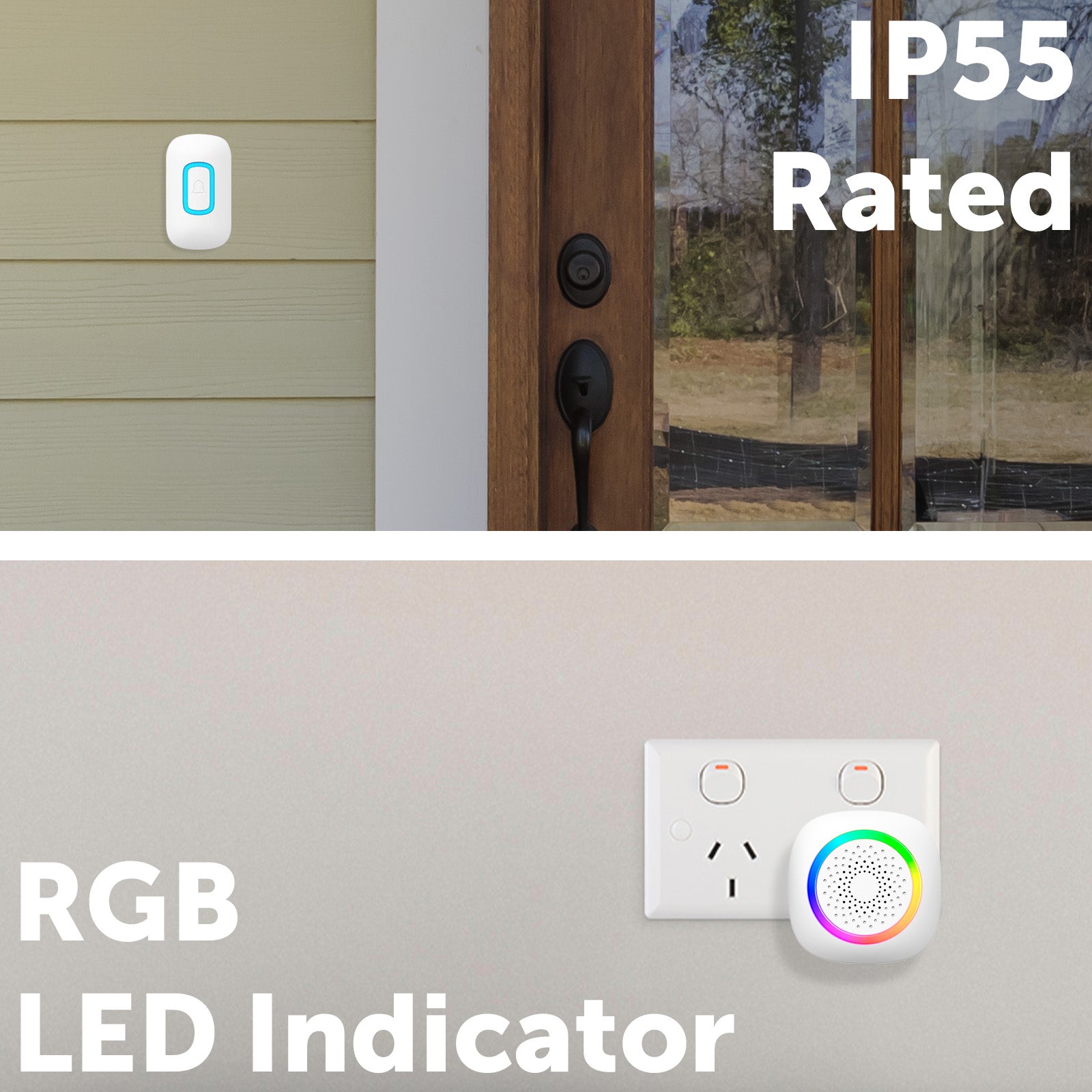 Arlec 200m White Wireless Plug-in RGB Door Chime with Push Button – smart door chime, RGB LED chime, wireless plug-in doorbell