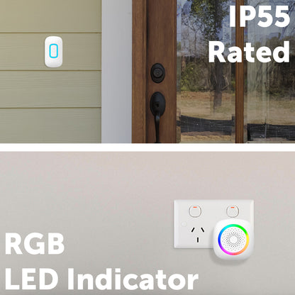 Arlec 200m White Wireless Plug-in RGB Door Chime with Push Button – smart door chime, RGB LED chime, wireless plug-in doorbell
