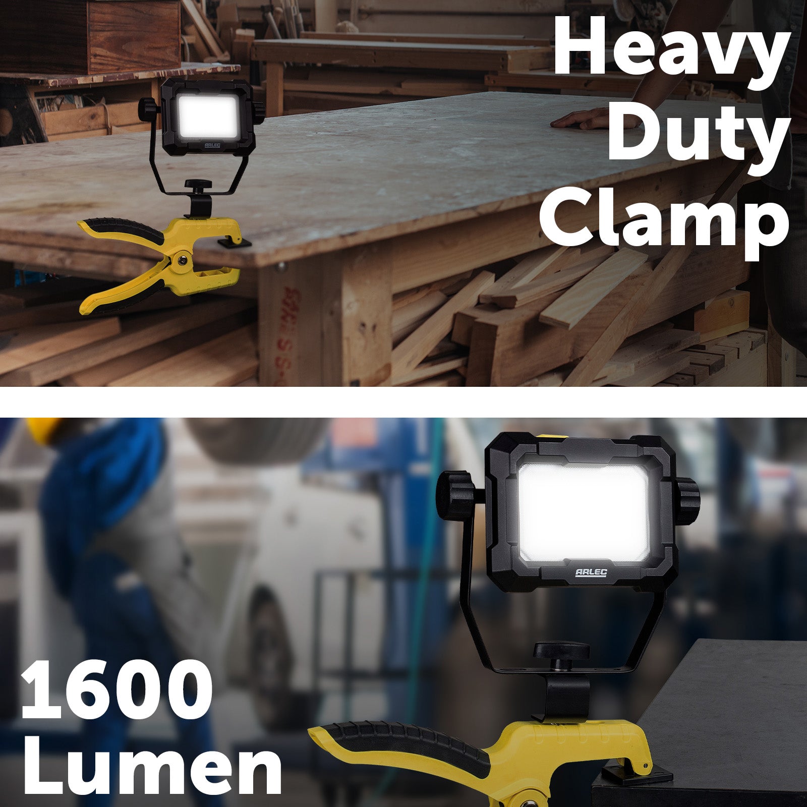 20W LED clamp work light with 1600 lumens, daylight white, IP65 weatherproof