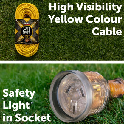 20m heavy duty yellow extension lead – Arlec 10A 3 core cable