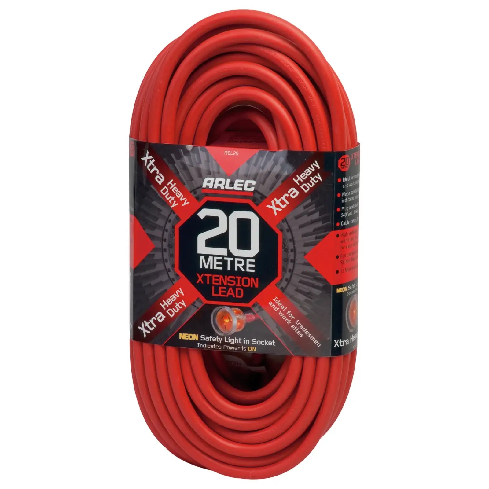 20m extra heavy duty extension lead – Arlec red cable with neon light