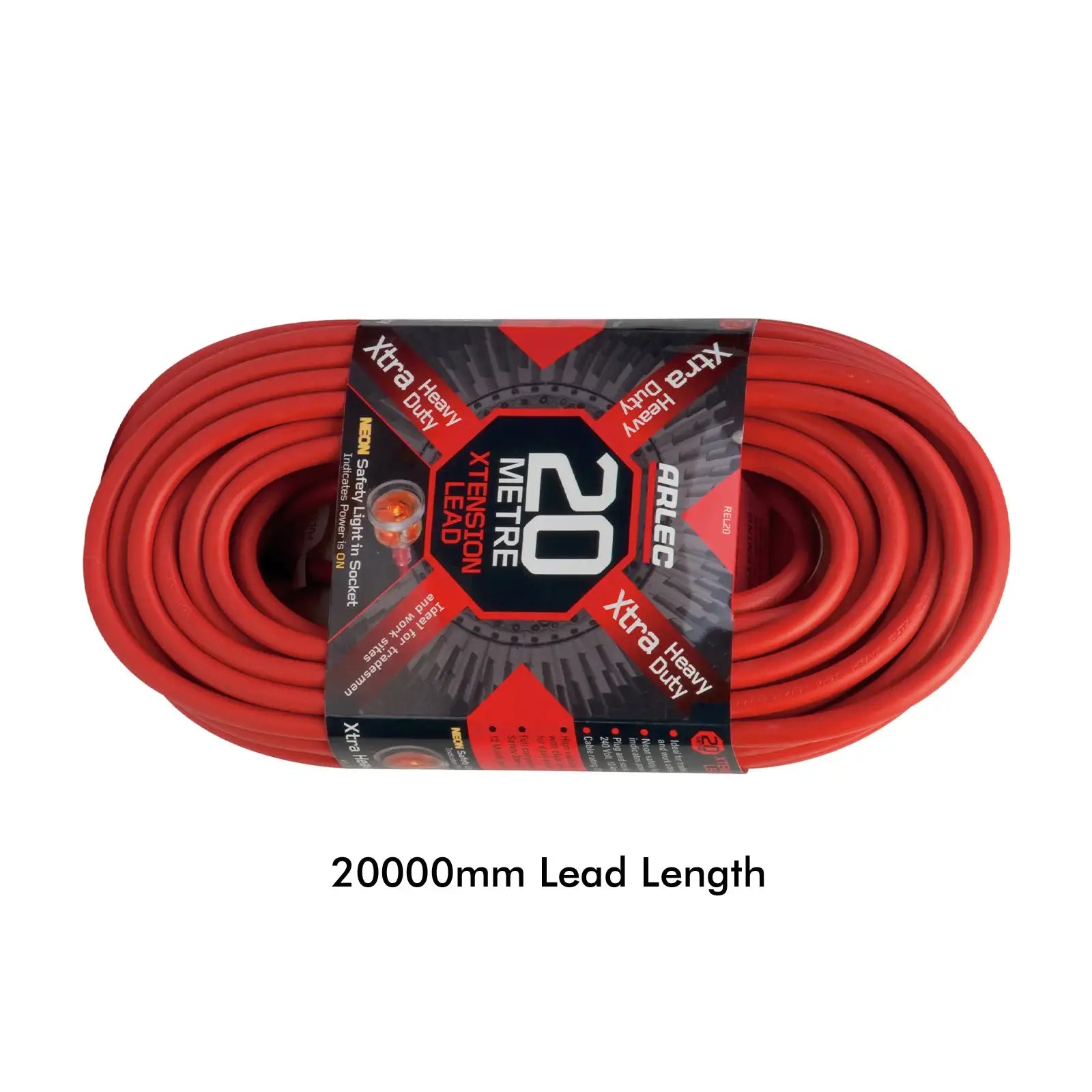 20m extra heavy duty extension lead – Arlec red cable with neon light