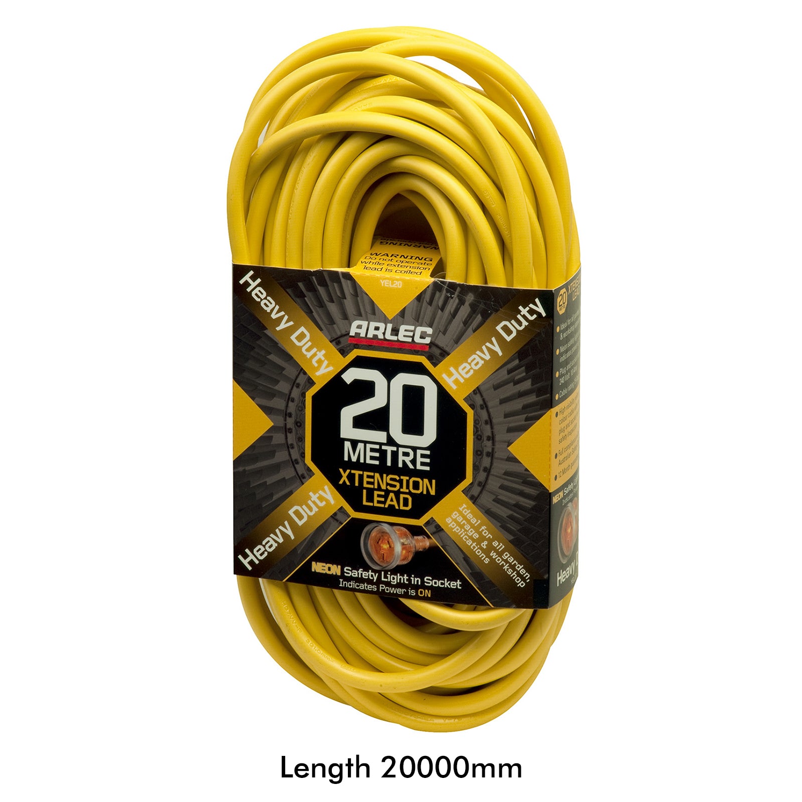 20m heavy duty yellow extension lead – Arlec 10A 3 core cable