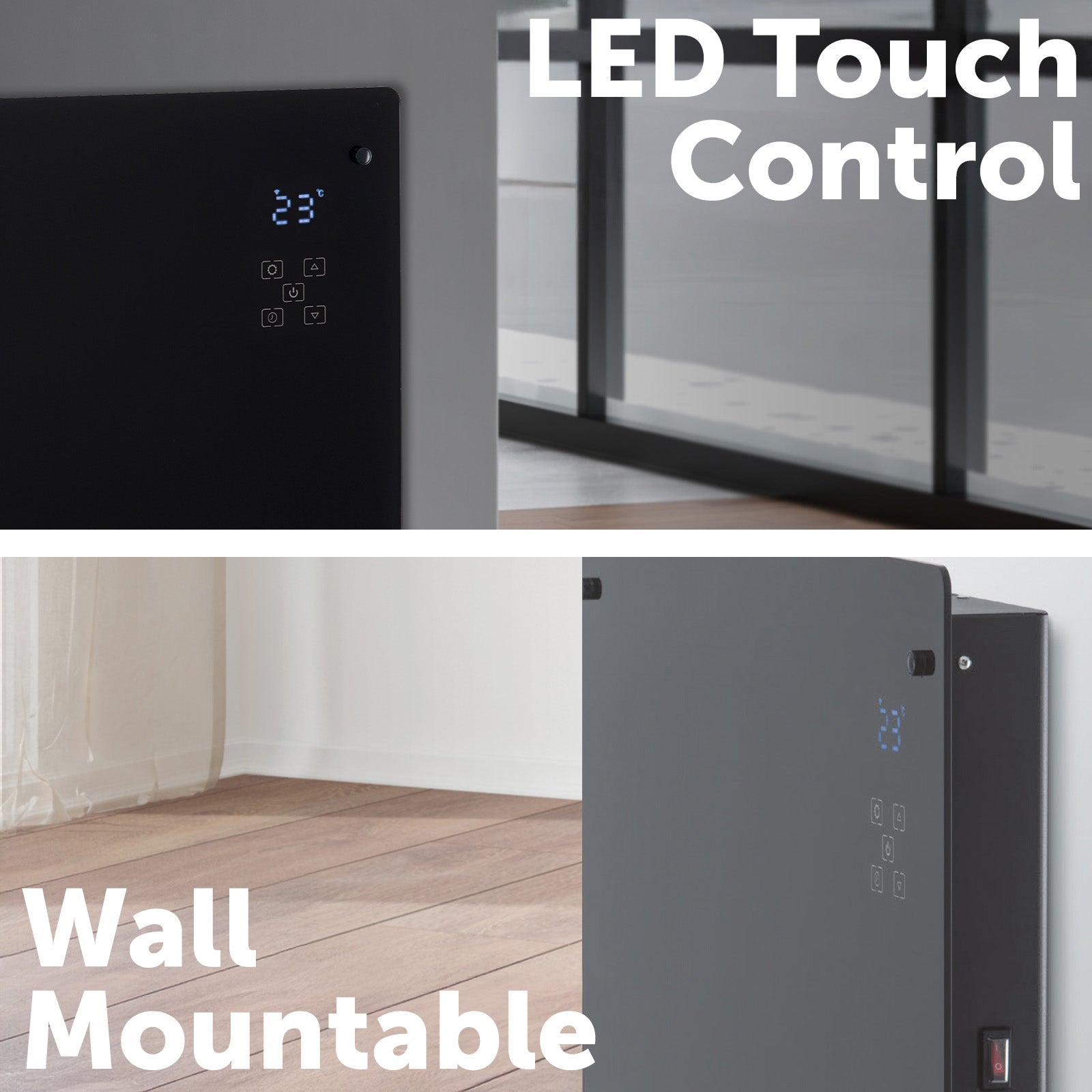 arlec 2200w black smart panel heater – grid connect smart home heater; energy-efficient convection panel; sleek black wall heater