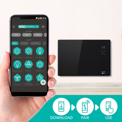 arlec 2200w black smart panel heater – grid connect smart home heater; energy-efficient convection panel; sleek black wall heater