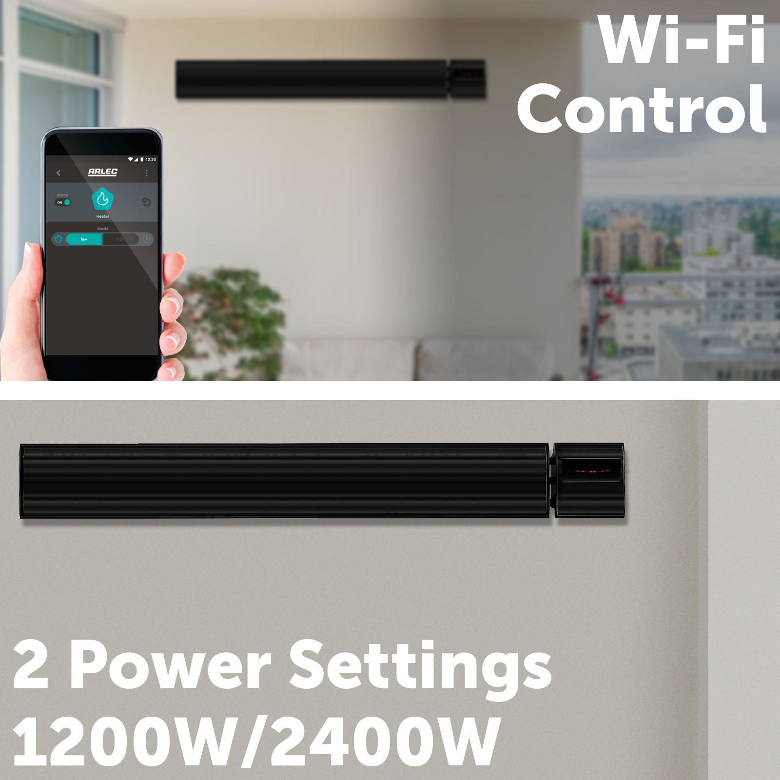 arlec 2400w alfresco strip heater – black outdoor radiant heater; grid connect smart heater; stylish wall or ceiling mount heater