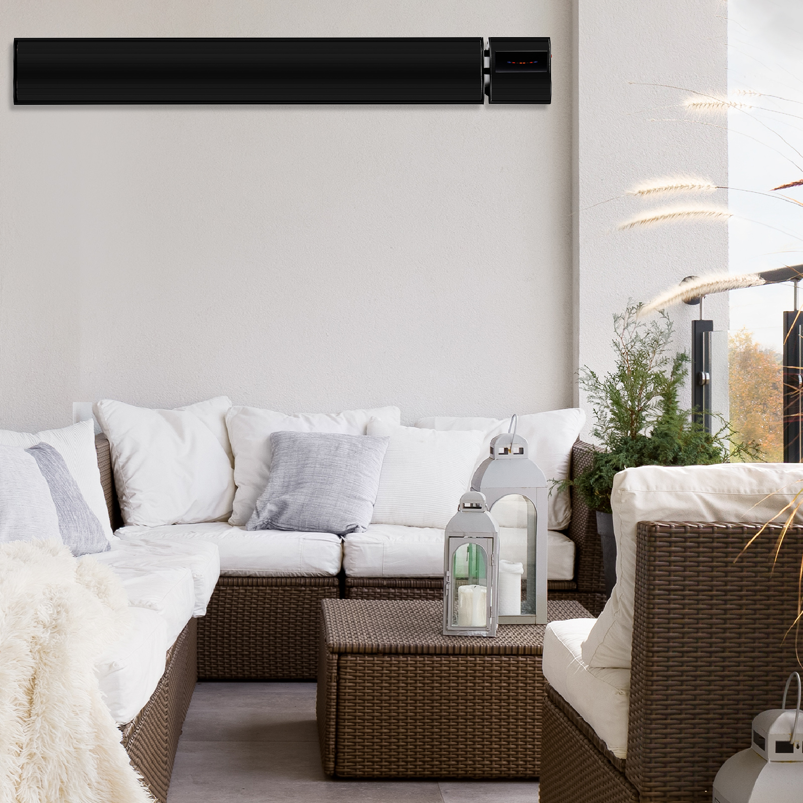 arlec 2400w alfresco strip heater – black outdoor radiant heater; grid connect smart heater; stylish wall or ceiling mount heater