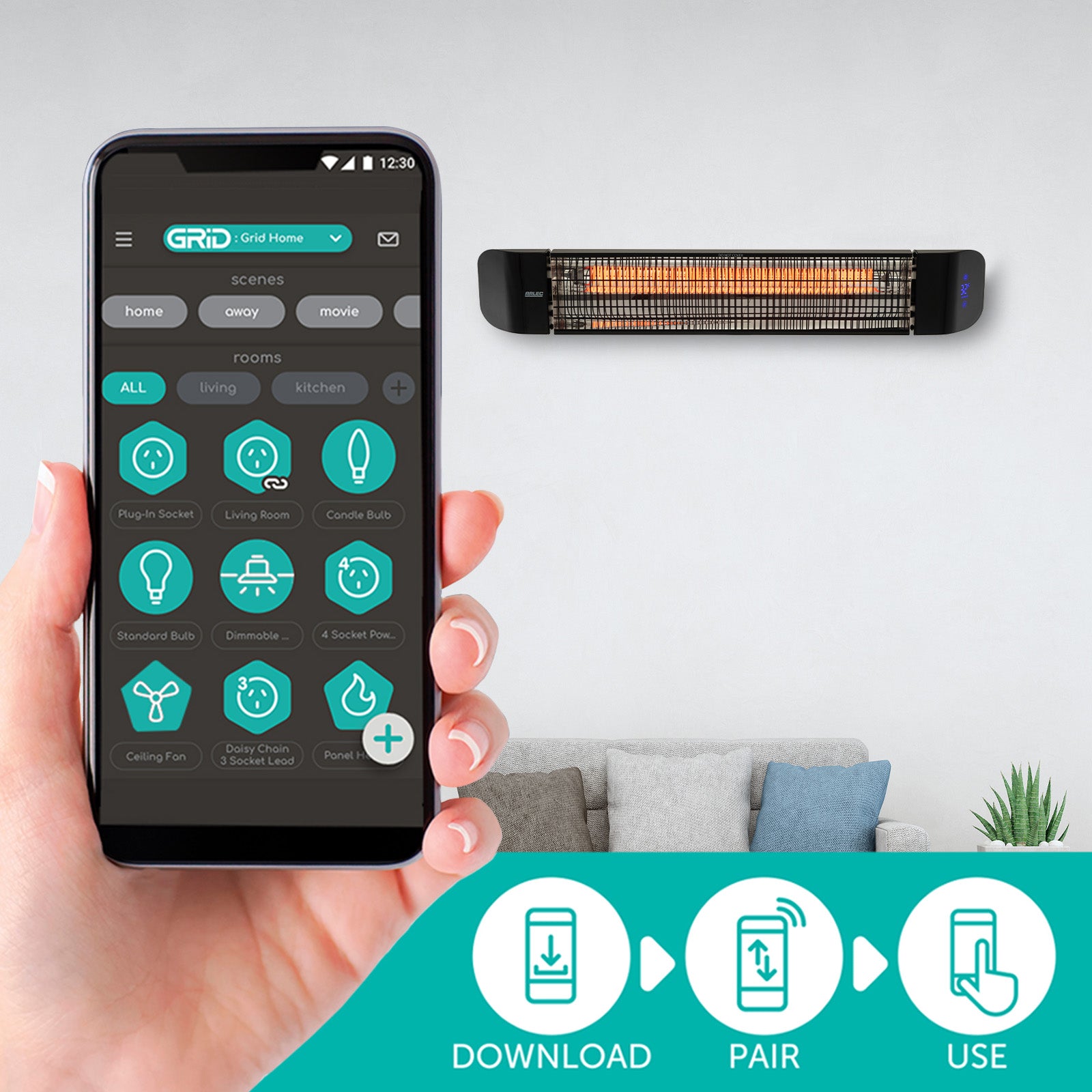 arlec 2400w infrared strip heater – outdoor radiant heater; black wall-mounted heater; grid connect smart heating for alfresco areas