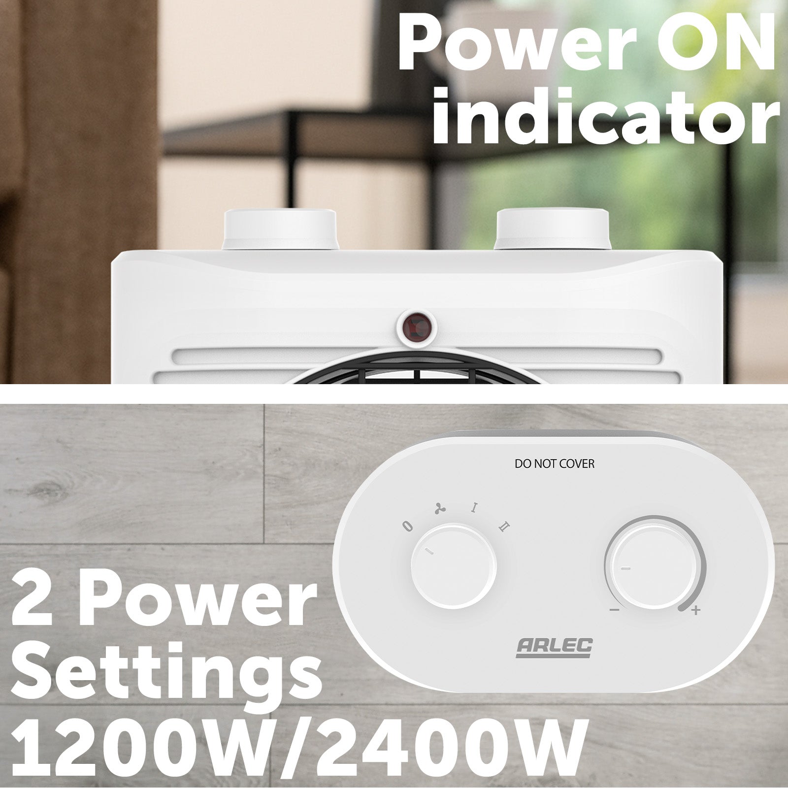Arlec 2400W fan heater with adjustable thermostat and compact body