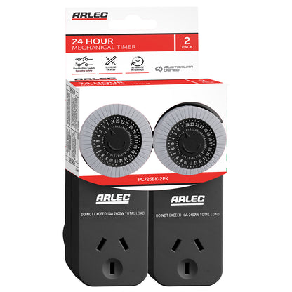 Arlec Black 24-Hour Slimline Mechanical Timer - Twin Pack