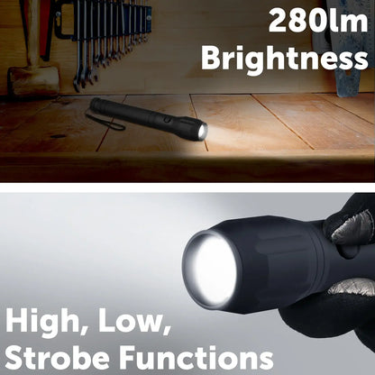 Arlec 280lm zoomable aluminium torch – T6 LED with 3D battery, durable and bright