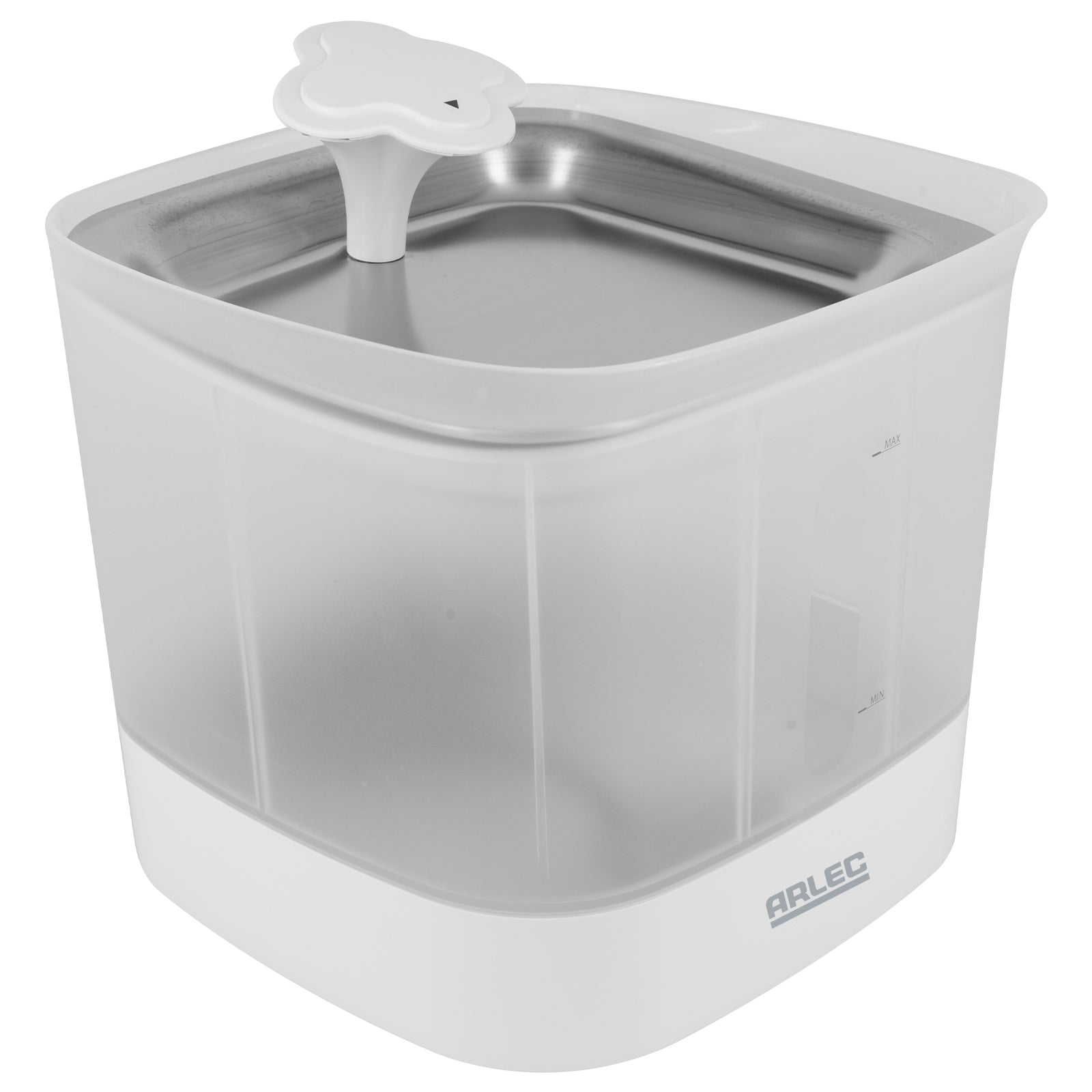 Automatic pet water fountain with 2L tank, stainless steel bowl, and replaceable filters for clean drinking water