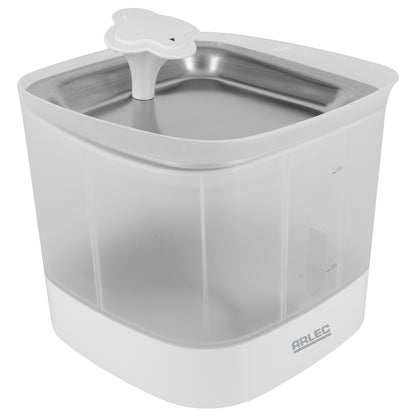 Automatic pet water fountain with 2L tank, stainless steel bowl, and replaceable filters for clean drinking water