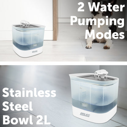 Automatic pet water fountain with 2L tank, stainless steel bowl, and replaceable filters for clean drinking water