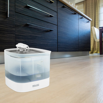 Automatic pet water fountain with 2L tank, stainless steel bowl, and replaceable filters for clean drinking water