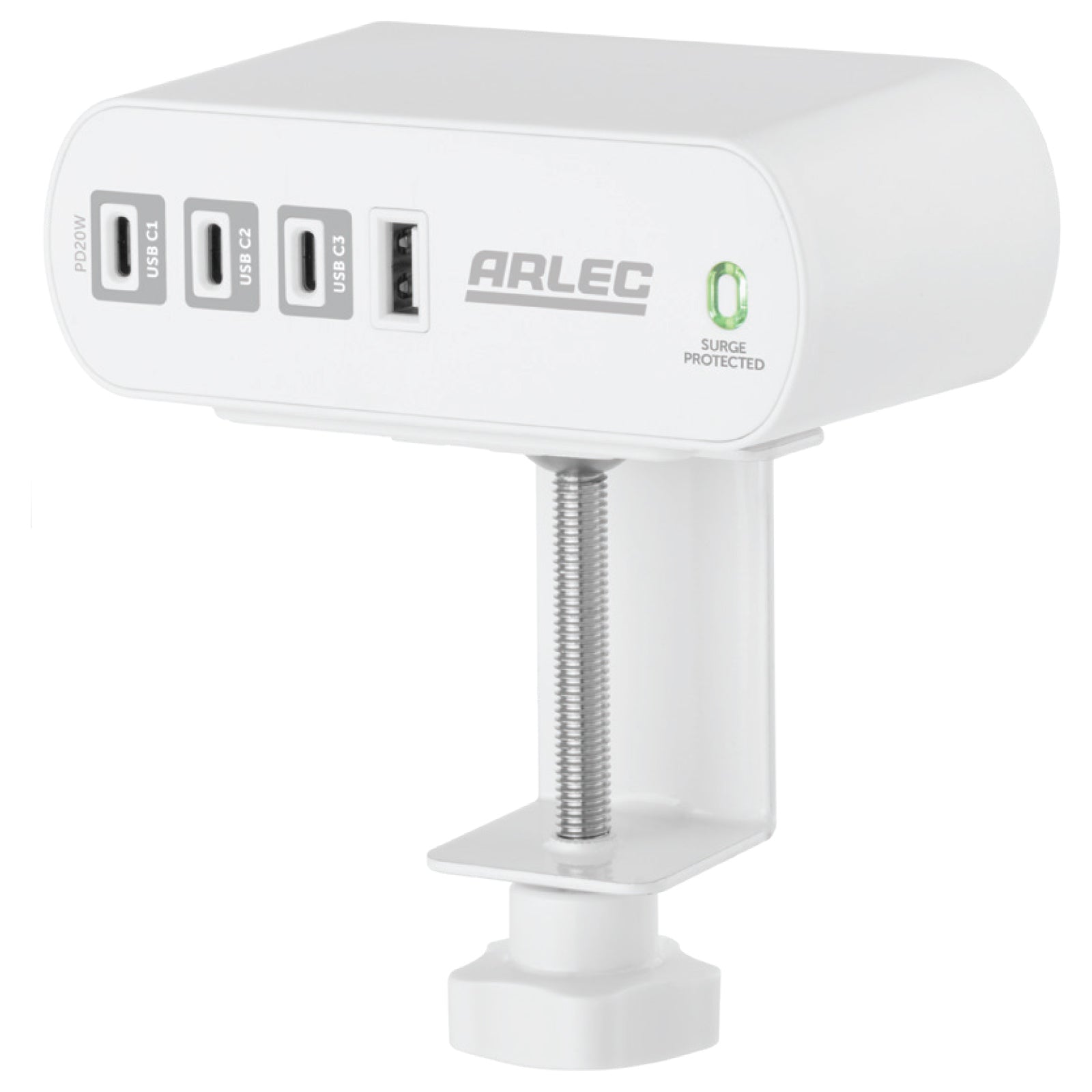 Arlec 2 Outlet PD20W USB C Powerboard With Desktop Clamp - desktop clamp board, USB-C powerboard, compact surge protected extension
