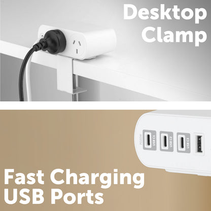 Arlec 2 Outlet PD20W USB C Powerboard With Desktop Clamp - desktop clamp board, USB-C powerboard, compact surge protected extension