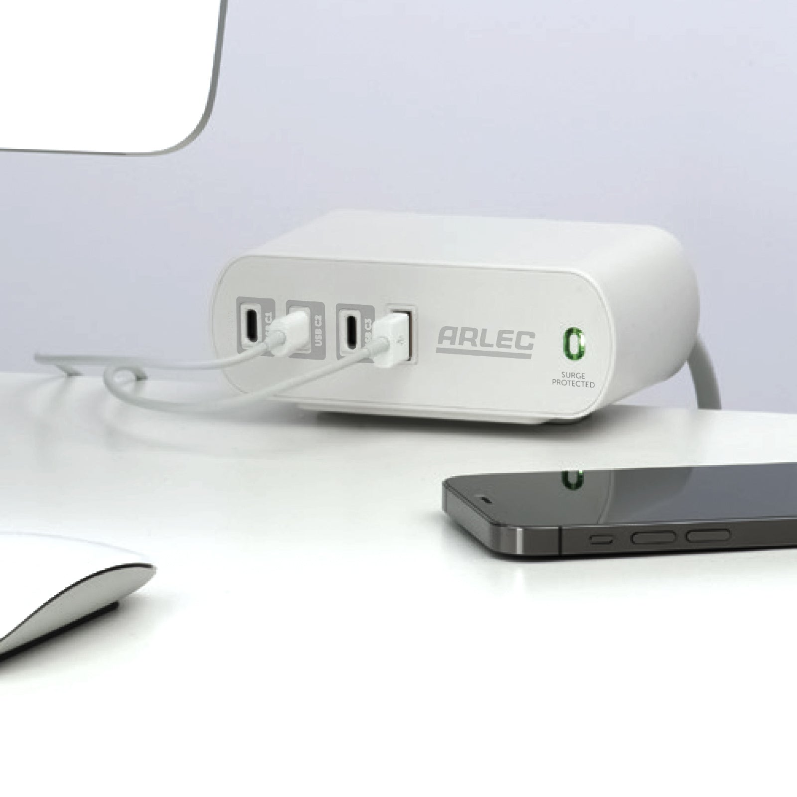 Arlec 2 Outlet PD20W USB C Powerboard With Desktop Clamp - desktop clamp board, USB-C powerboard, compact surge protected extension