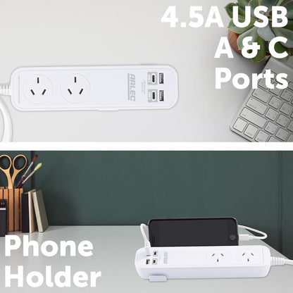 Arlec 2 Outlet Portable Power Board With USB-A & USB-C - USB powerboard, portable charging board, travel power solution
