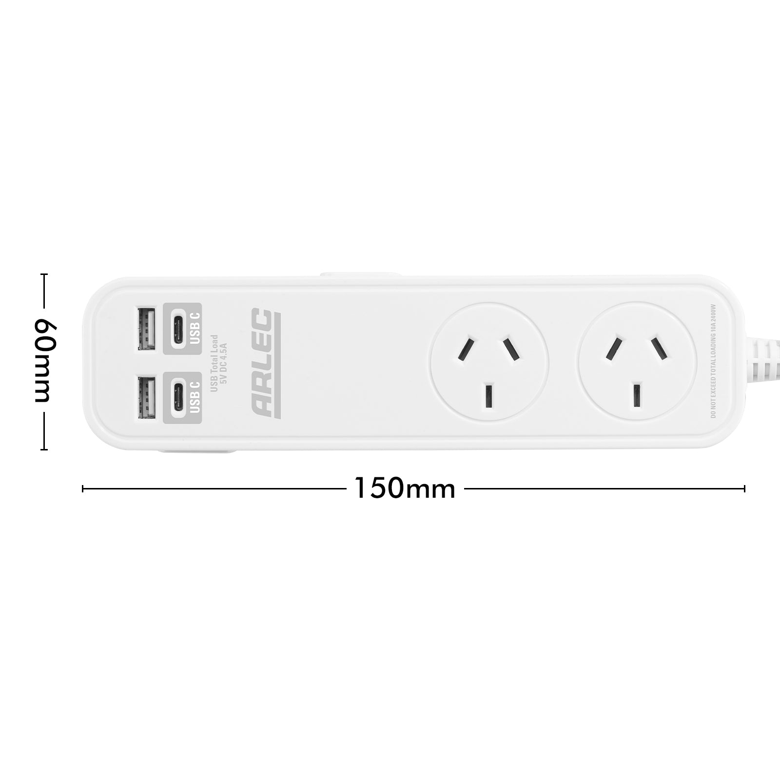 Arlec 2 Outlet Portable Power Board With USB-A & USB-C - USB powerboard, portable charging board, travel power solution