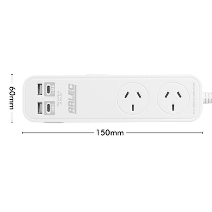 Arlec 2 Outlet Portable Power Board With USB-A & USB-C - USB powerboard, portable charging board, travel power solution