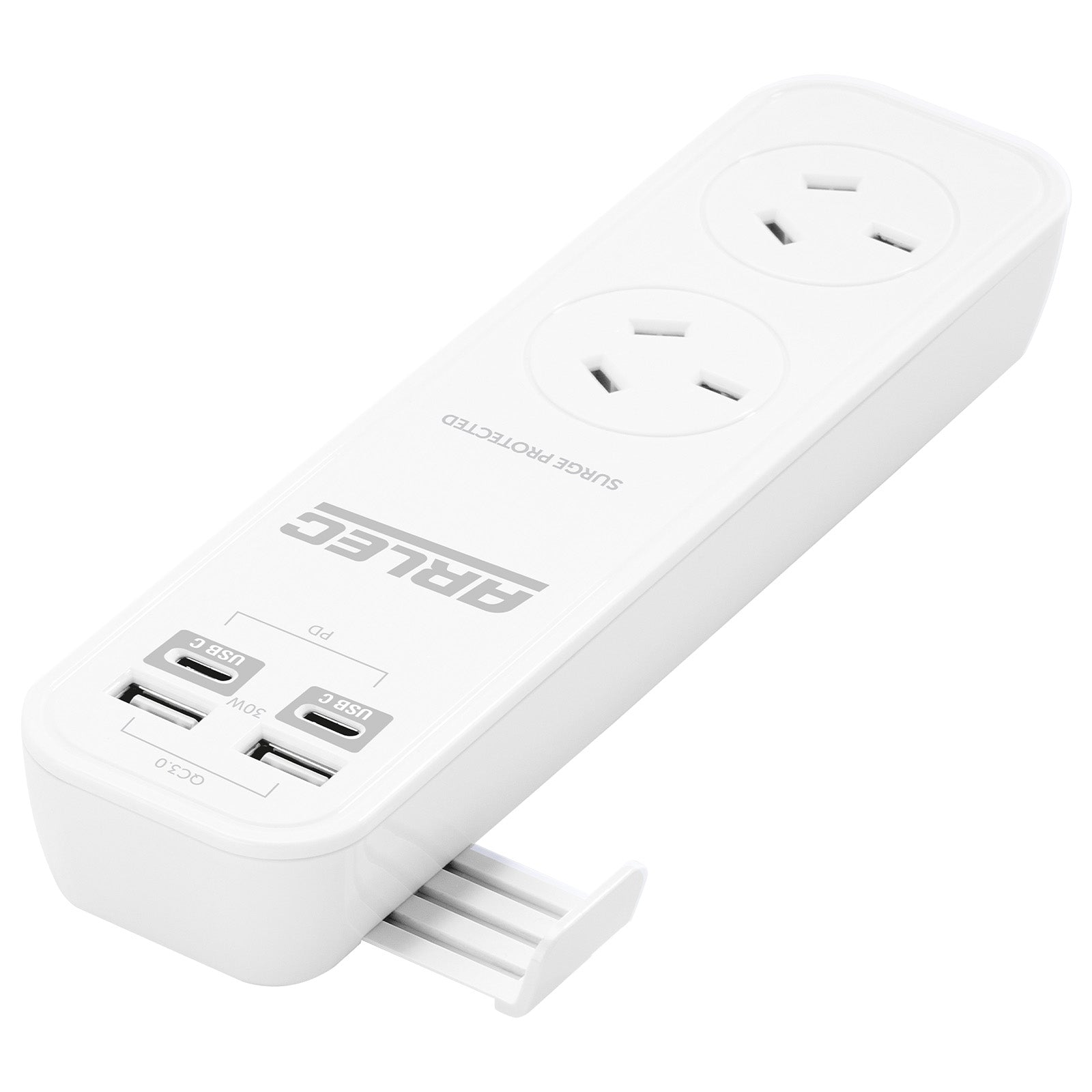 Arlec 2 Outlet Portable Powerboard with PD30W Rapid Charging USB 2xA & 2xC - portable USB board, travel charging station, compact surge board