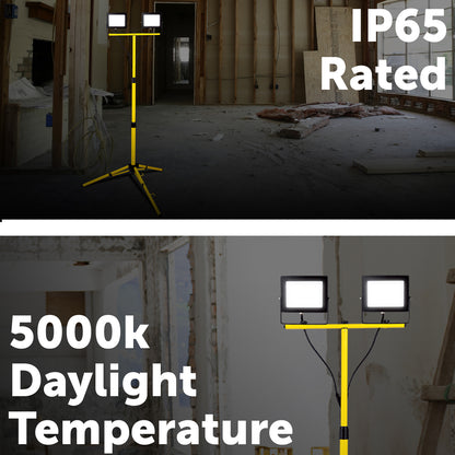 Twin 30W LED work lights with tripod, 6000 lumens total, for site or workshop use