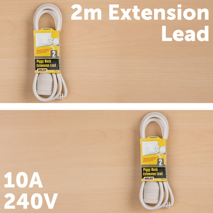 Arlec 2m White Piggy Back Extension Lead - piggyback extension lead, white extension cord, compact powerboard