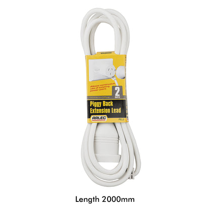 Arlec 2m White Piggy Back Extension Lead - piggyback extension lead, white extension cord, compact powerboard