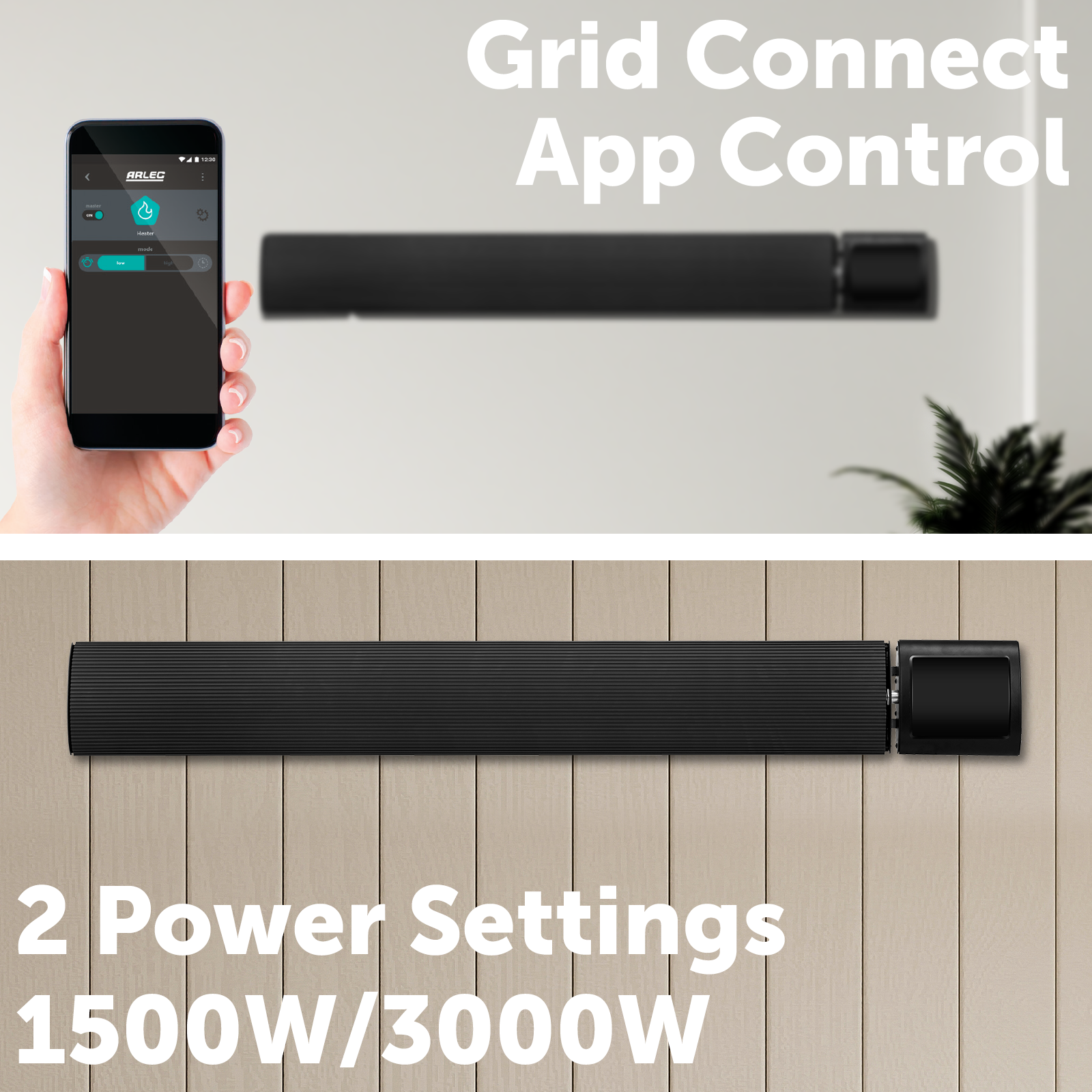 arlec 3000w smart radiant strip heater – outdoor heating solution; grid connect wall-mounted heater; high-performance radiant heater