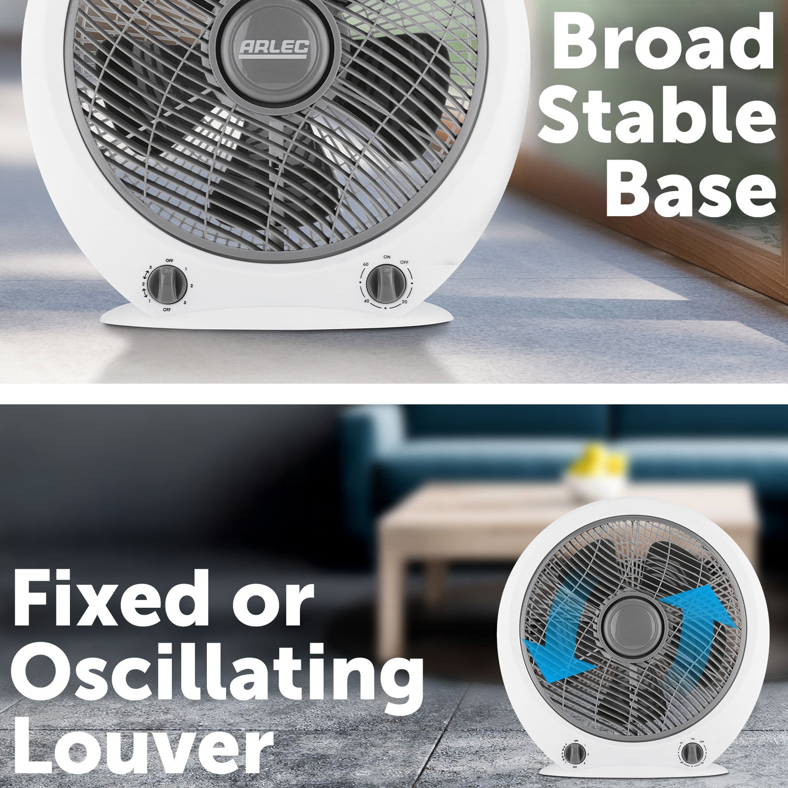 arlec 30cm box fan – compact desk fan for home; quiet 5-blade cooling fan; small box fan with timer