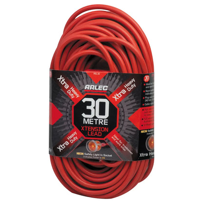 30m extra heavy duty extension cord – Arlec red with safety light