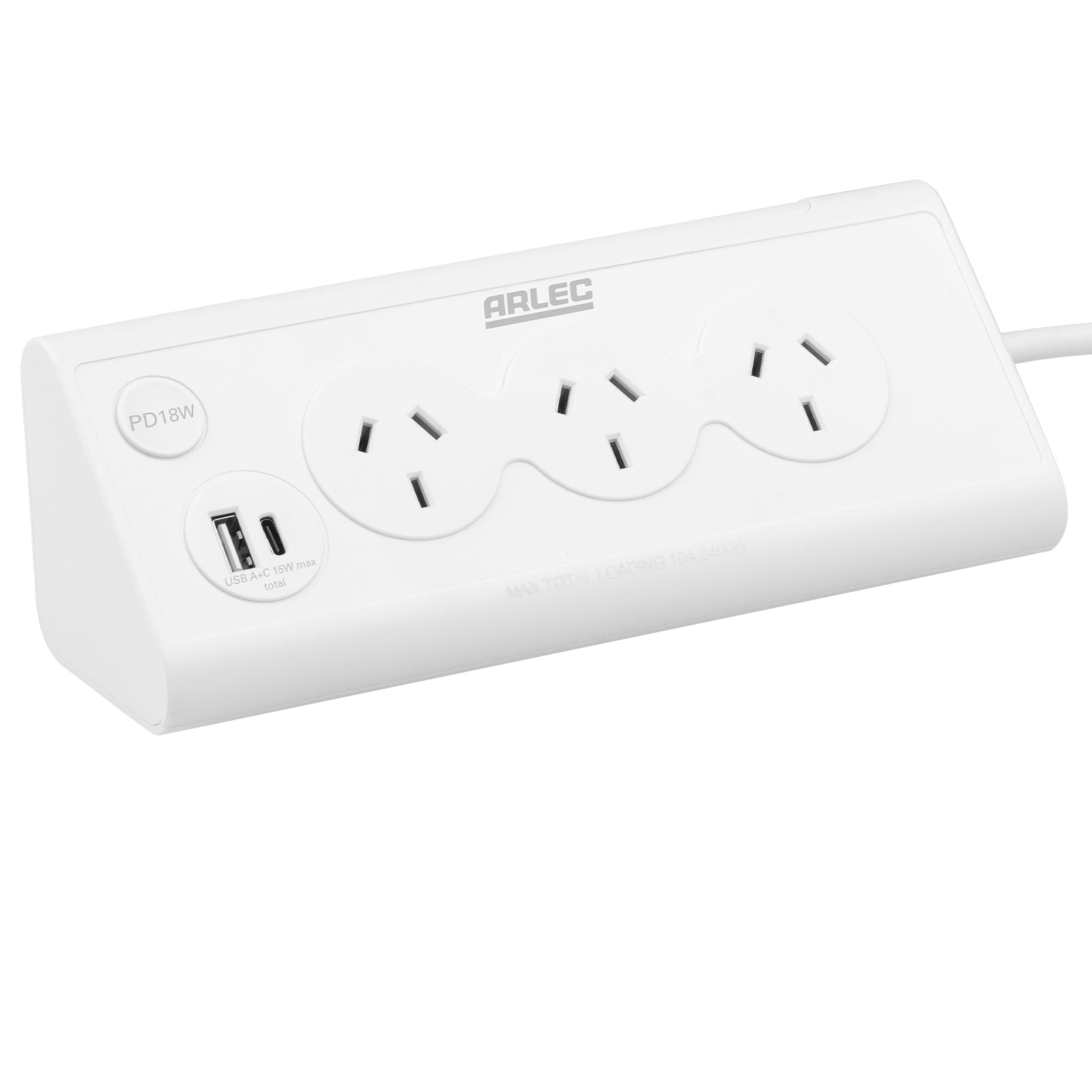 Arlec 3 Outlet Triangular Powerboard With PD18W Fast Charging USBs - triangular powerboard, fast charge extension, USB-C and USB-A charger board