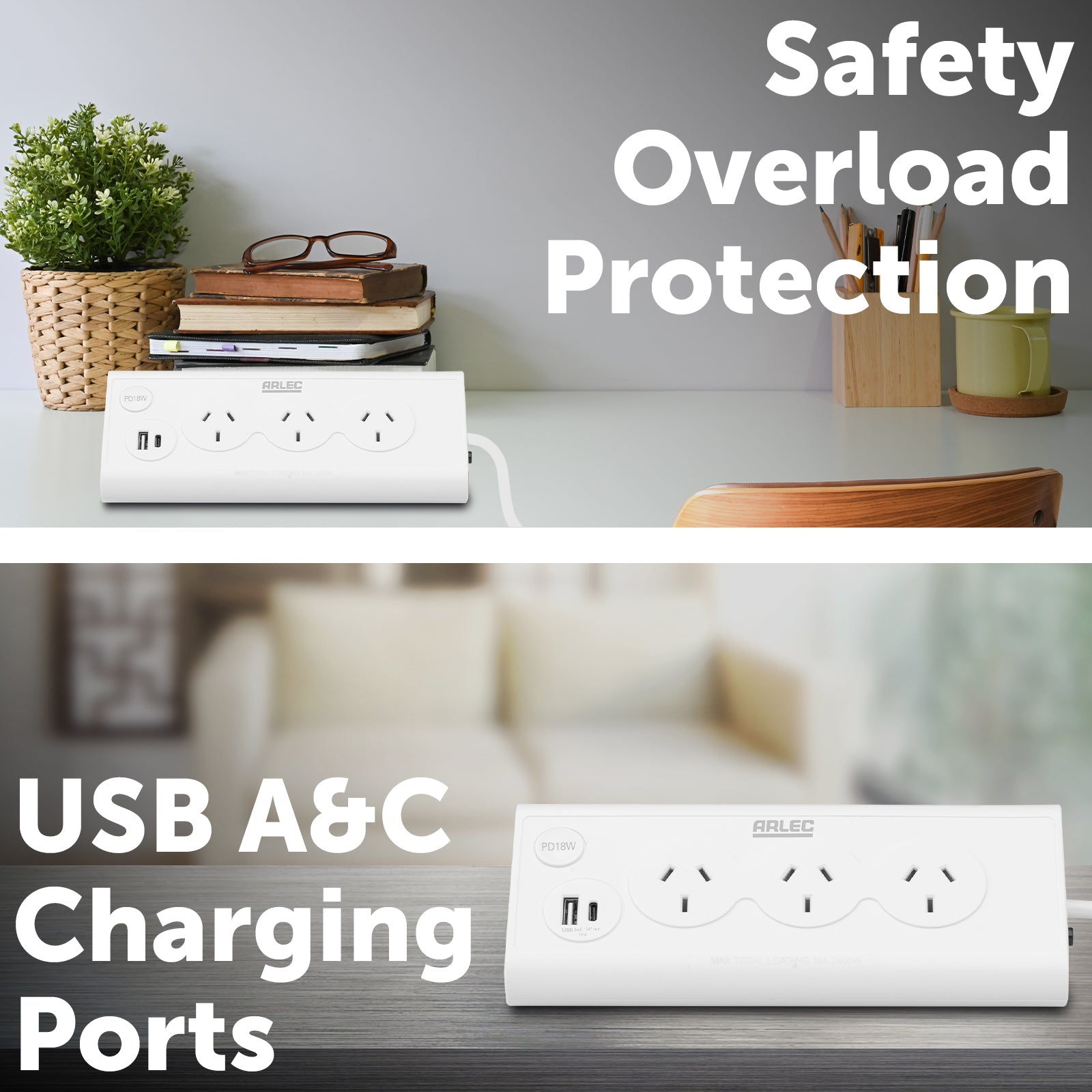 Arlec 3 Outlet Triangular Powerboard With PD18W Fast Charging USBs - triangular powerboard, fast charge extension, USB-C and USB-A charger board