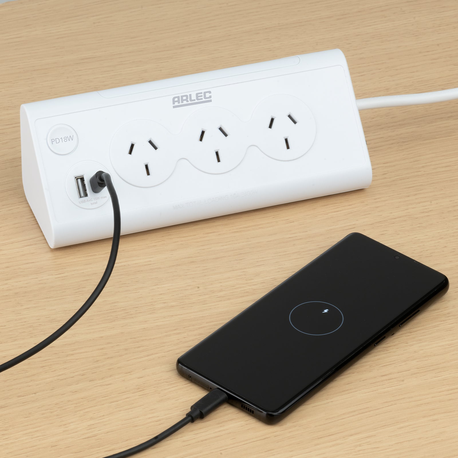Arlec 3 Outlet Triangular Powerboard With PD18W Fast Charging USBs - triangular powerboard, fast charge extension, USB-C and USB-A charger board