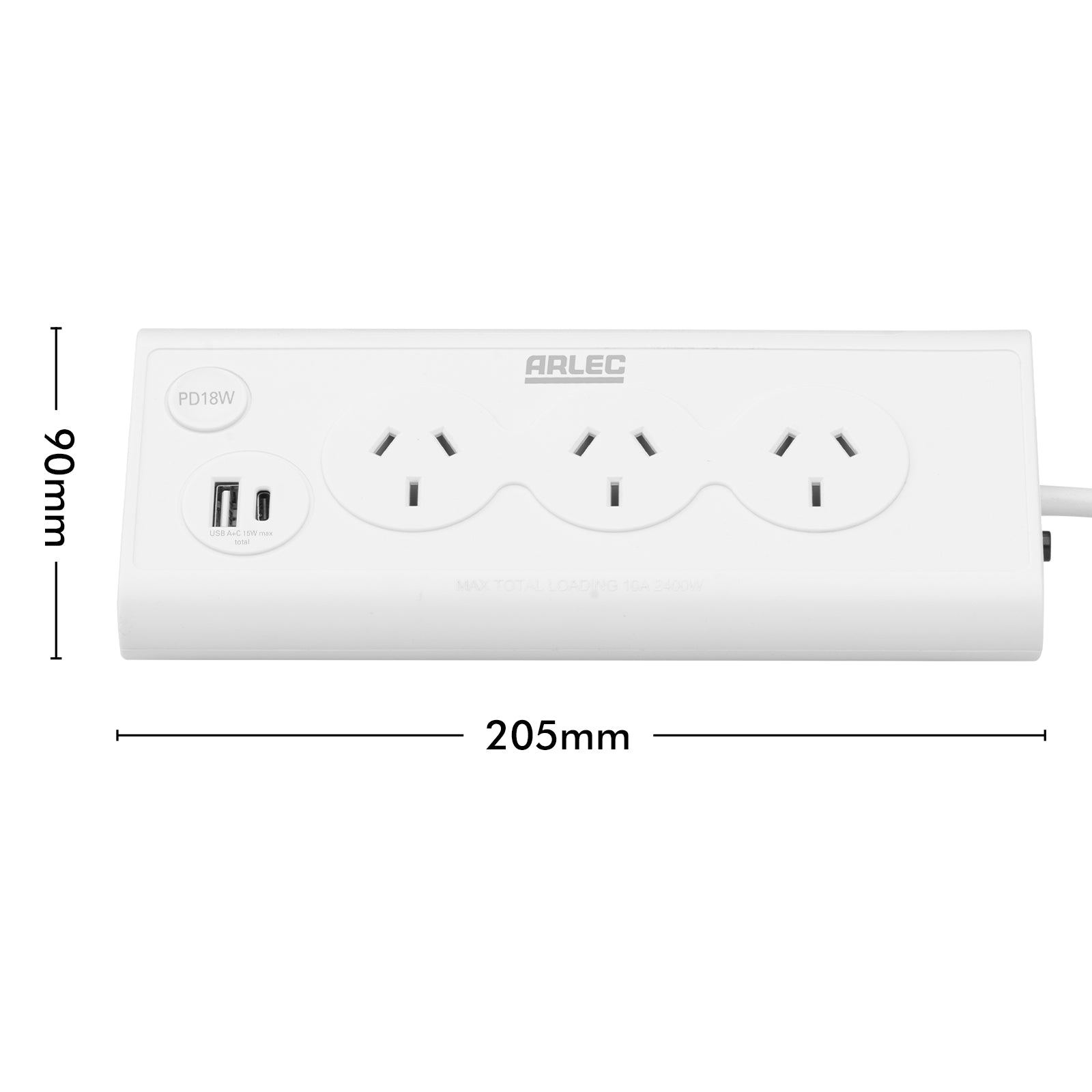 Arlec 3 Outlet Triangular Powerboard With PD18W Fast Charging USBs - triangular powerboard, fast charge extension, USB-C and USB-A charger board
