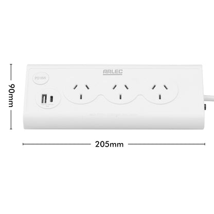 Arlec 3 Outlet Triangular Powerboard With PD18W Fast Charging USBs - triangular powerboard, fast charge extension, USB-C and USB-A charger board