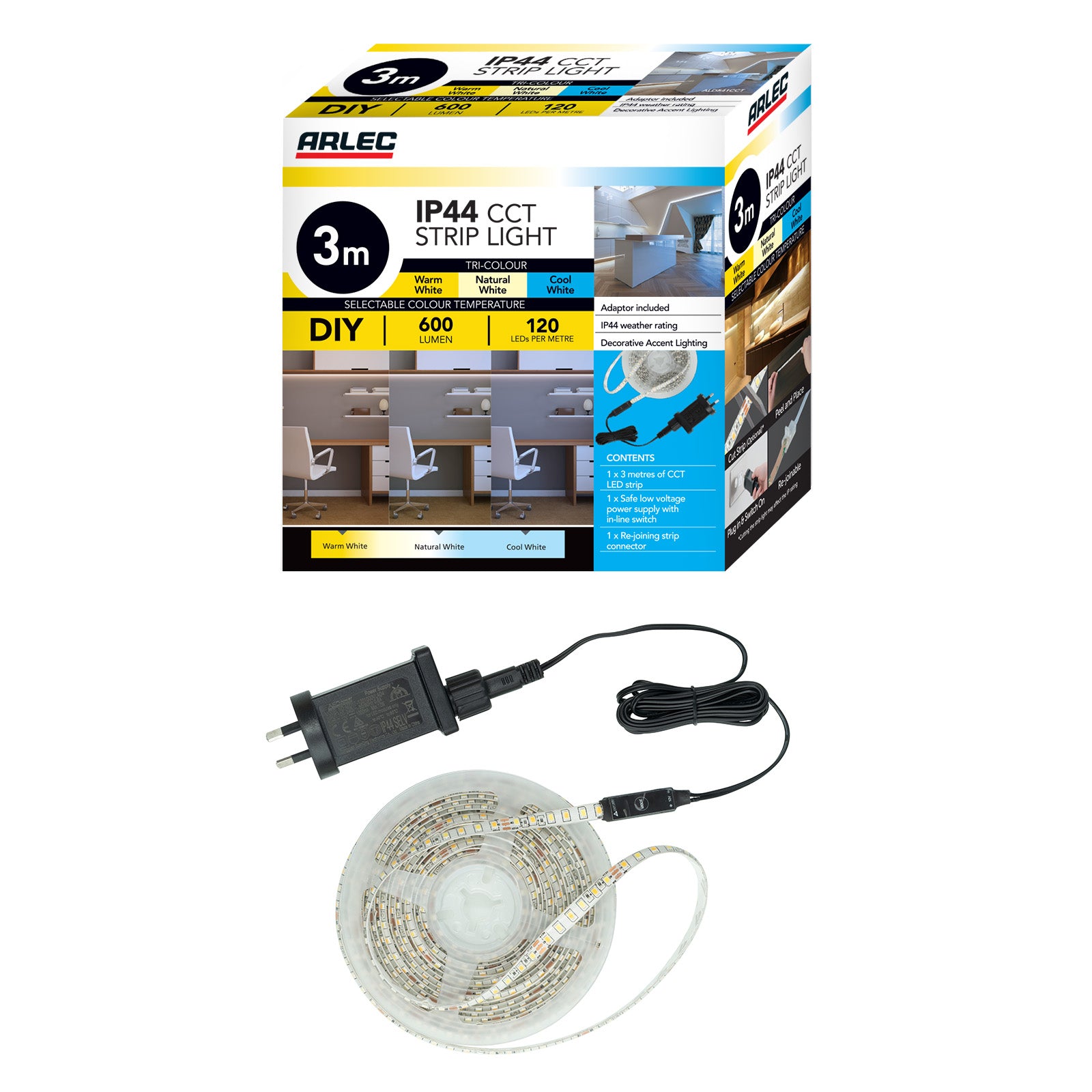 Arlec CCT LED strip light with IP44 rating, flexible tri-colour lighting, adhesive cabinet light