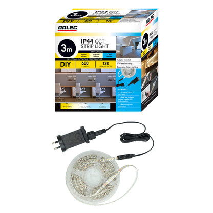 Arlec CCT LED strip light with IP44 rating, flexible tri-colour lighting, adhesive cabinet light