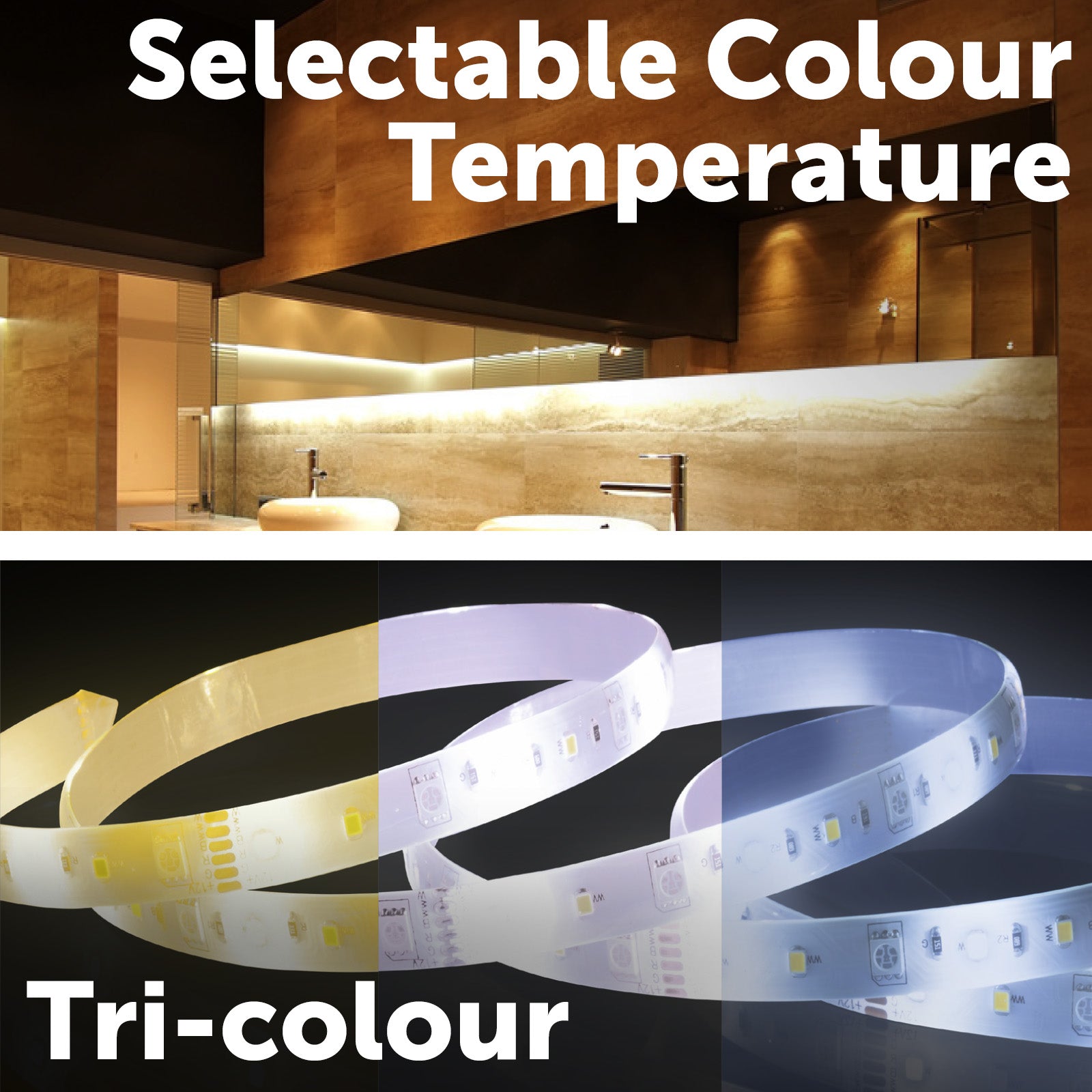Arlec CCT LED strip light with IP44 rating, flexible tri-colour lighting, adhesive cabinet light